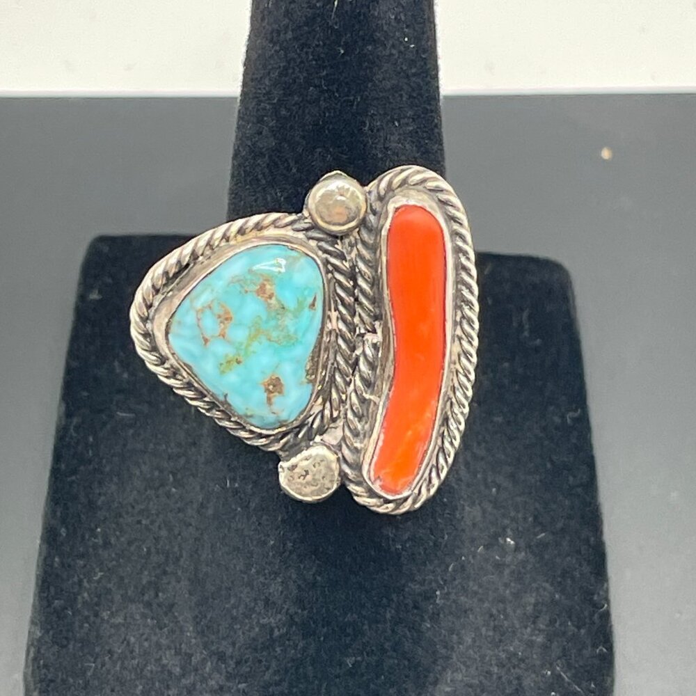 Vintage Signed Native American Silver Turquoise Coral Ring 5 1/2 - Picture 2 of 15